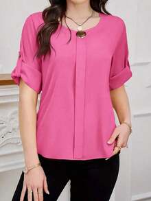 Blusa de mujer de manga enrollada sólida - Rosa Fucsia - Ver 6