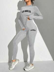 Set de 2 piezas: Camiseta de cuello redondo de manga larga con gráfico del eslogan de Los Ángeles y leggings de cintura alta, adecuado para primavera y otoño - Gris Claro - Ver 6