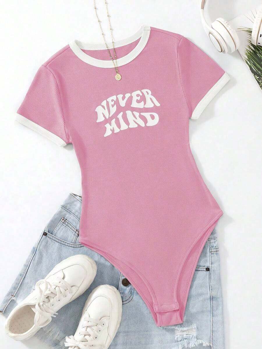 Body de mujer Canalé Ribete en contraste Frase Casual - Multicolor 3 - Ver 1