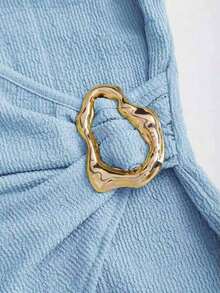 2 piezas Conjunto de mujer minimalista y cómodo de punto acanalado con hebilla de metal decorativa, para otoño - Azul - Ver 4