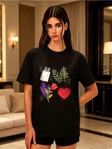 Camiseta de mujer de 180 g, manga corta, cuello redondo, corte holgado, estampado floral y de corazones, top casual, moda de verano 2024, adecuada para reuniones familiares, regalos corporativos para-building, uso diario - Camiseta unisex de algodón holgada de manga corta y cuello redondo estilo vintage urbano. - Negro - Ver 7