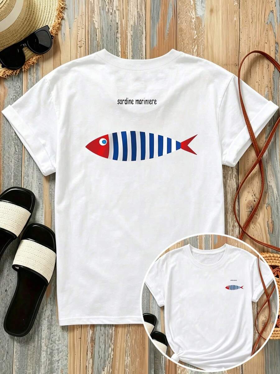 Camiseta estampada de manga corta con diseños en la parte delantera y trasera - sardina marinera, pez rayado - camiseta estampada de moda para mujer, primavera/verano, manga corta, para todas las estaciones, ropa de moda, 100% algodón. - Blanco - Ver 1