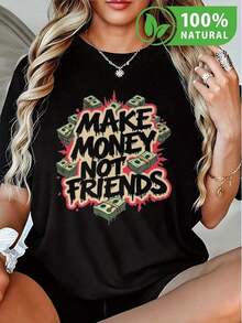 Camiseta Negra de Moda con Estampado "Haz Dinero No Amigos" Estilo Urbano para Mujer - Ropa Casual Juvenil  en México 2023 - Ideal para Regalo y Ocasiones Informales - Tela Cómoda y Suave - Negro - Ver 12