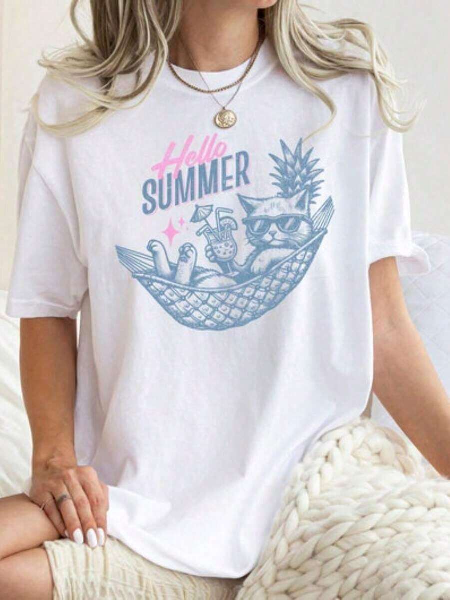 Camiseta Hello Summer, Camiseta Linda, Verano Divertido, Camiseta Sarcástica Divertida, Camiseta con Estilo de Playa, Amante de los Animales, Camiseta de Playa, Camiseta de Playa - Estilo Urbano Vintage Unisex, Camiseta de Algodón Holgada de Manga Corta con Cuello Redondo, blusas para mujer. blusas.blusas casuales para dama. - Blanco - Ver 1