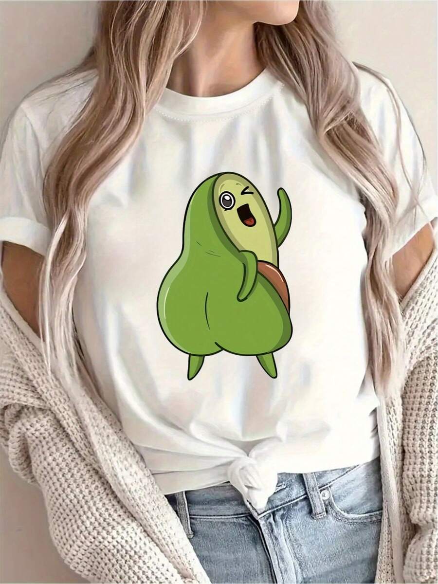 [Nuevo Recomendado] Camiseta Amarilla con Estampado de Verduras de Dibujos Animados, Casual para Mujer, Vacaciones, Manga Corta y Cuello Redondo, Primavera y Verano, Lavable aáquina, Nueva Ropa de Mujer, Versátil para la Calle, Talla SDaily Casual Round Neck Short Sleeve-Shirt Women - Blanco - Ver 1