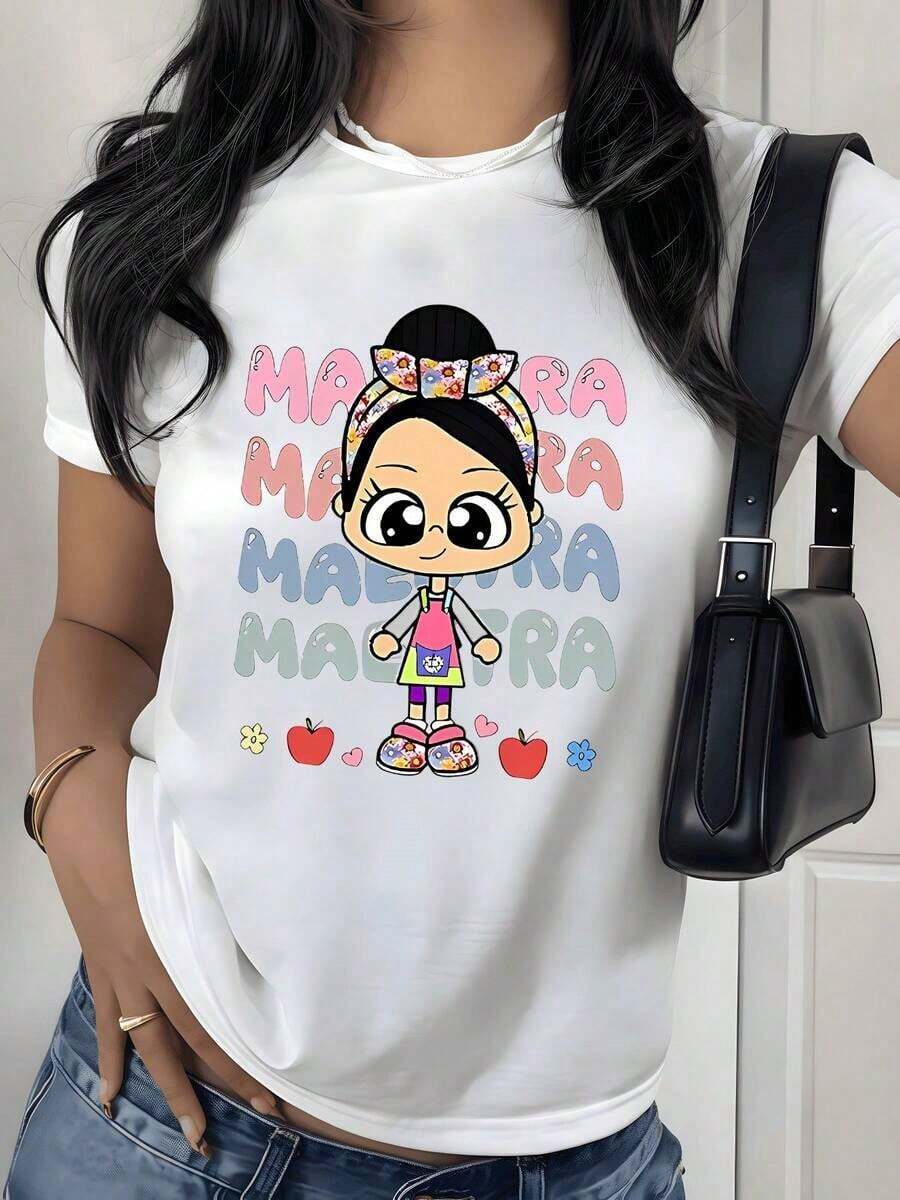 Cartoon Girl And Apple Graphic Print T-Shirt, 180g, 1 Piece, Fun Teacher Theme, 100% Cotton Casual T-Shirt For Women, Summer Streetwear Style. - 白色 - 查看 1