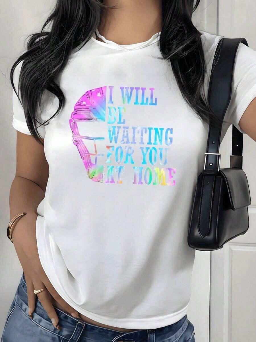 Camiseta con Estampado Gráfico Holográfico, 180g, 1 Pieza, Frase Inspiradora, Camiseta Casual para Mujer, 100% Algodón, Estilo Streetwear - Blanco - Ver 1