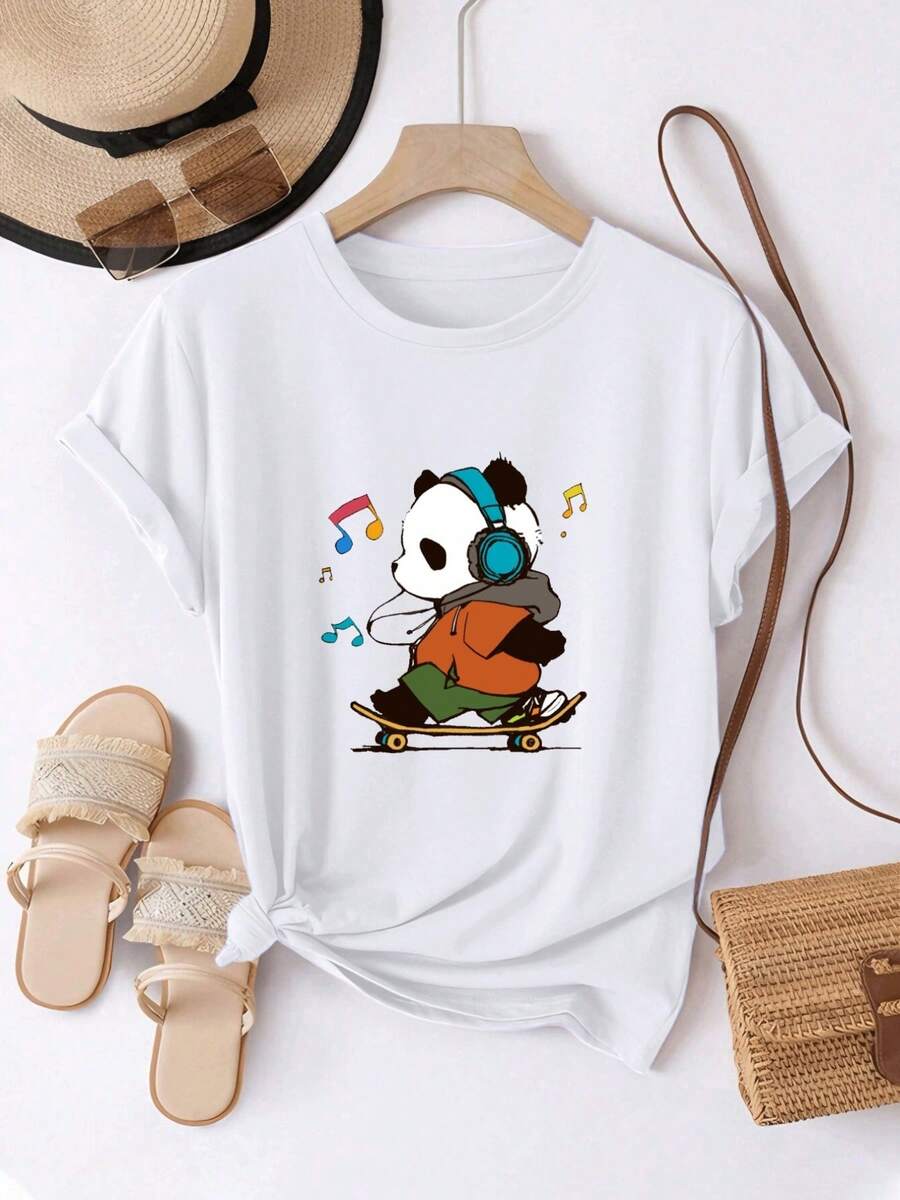 Women's T-Shirt: Comfortable And Casual Short-Sleeved T-Shirt With A Round Neck And A Panda Print On A Skateboard, Dynamic And Stylish, Regular Length, Suitable For All Seasons, Everyday Fashion, Ideal For Women's Spring And Summer Clothing. - 白色 - 查看 1
