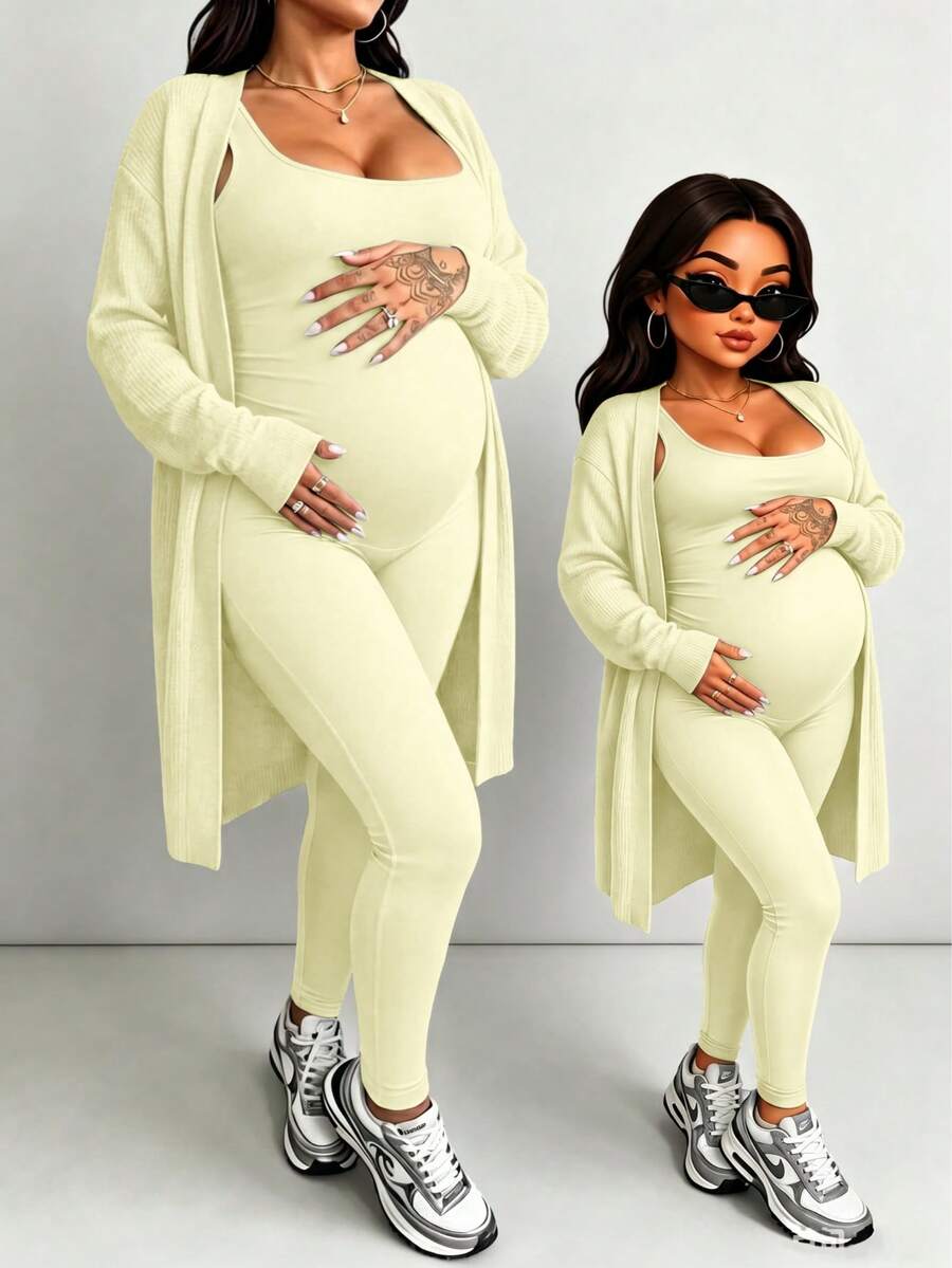 Maternity Solid Color Jumpsuit, Fashionable Sportswear Comfortable Loungewear Summer - Yellow - View 1