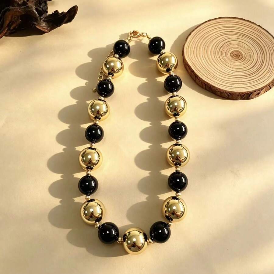 1pc Retro Bicolor Beaded Necklace, Acrylic Candy Color Beaded Necklace, Suitable For Women, Students, Daily Commute, Dating, Versatile, Lightweight, Creates A Gentle Atmosphere - KN508-1 - View 1