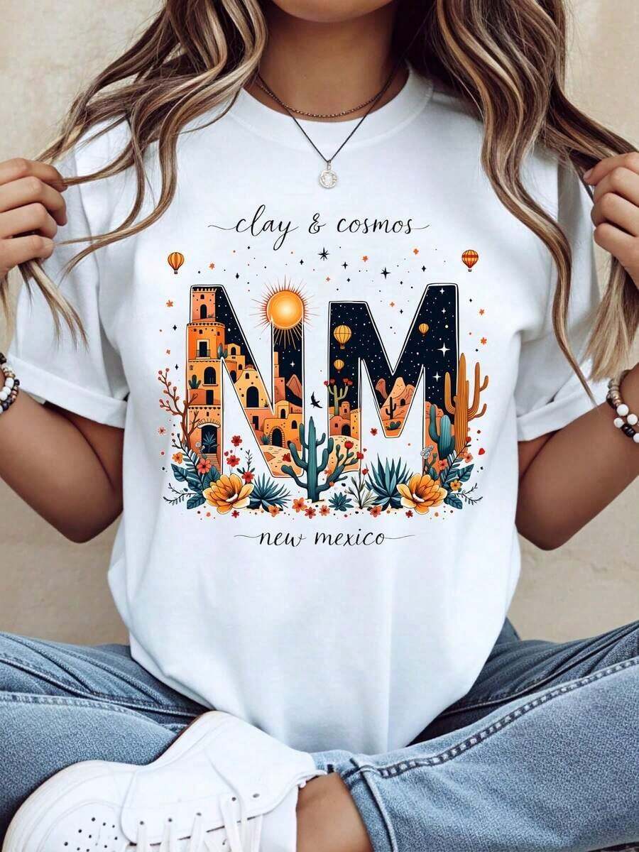 Camiseta Casual New Mexico Clay And Cosmos con Diseño de Paisaje Desértico y Cielo Estrellado para Mujer, Ropa Casual, Moda - Blanco - Ver 1