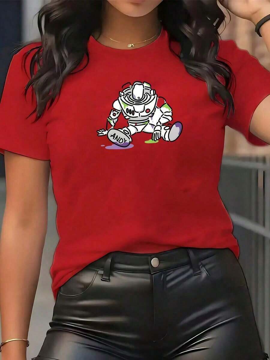 ComfortableFigura de un robot simbólico que representa la fuerza interior y la capacidad de levantarse tras las caídas transmitiendo esperanza y energía positiva camisetas de mujer 100% algodón blanca casual cómoda 220gFashion All-match Women's Short Sleeve T-shirt, Basic Style for Inner & Outer Wear - Rojo - Ver 1