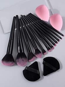 16pcs Makeup Brush Set Series, Essential For Beginners, Multi-Functional Makeup Brushes For Foundation/Blush/Contour/Highlighter/Eyeshadow, Soft Sponge Puff & Makeup Sponge, Dry & Wet Use, Ideal For Beginners - Black - View 3