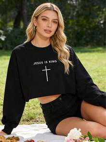 1 pieza de camiseta de manga larga corta de algodón puro para mujer, camiseta de manga larga con estampado divertido, 100% algodón, camiseta religiosa minimalista de Jesús Rey con cruz, ropa de verano para mujer, 180g de algodón 100%. - Negro - Ver 2