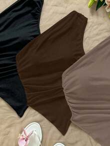 3 piezas de blusas de hombros asimétricas con bajo asimétrico en colores surtidos negro, marrón y caqui, aptas para el verano - Multicolor 2 - Ver 4