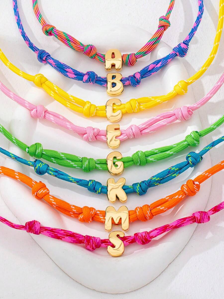 1 pieza Collar de cuerda trenzada de colores de dopamina con colgante de letra de burbuja - Collar de cuerda de colores de verano con inicial personalizada, regalo de amistad personalizable para mujeres - Multicolor - Ver 1