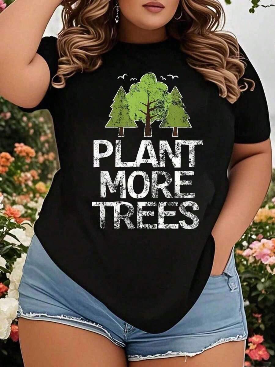 Camiseta de Concientización "Planta Más Árboles" para Mujer, Talla Grande, Estilo Casual con Gráfico de Árbol y Mensaje, Adecuada para Actividades al Aire Libre y Celebraciones del Día de la Tierra. Playera Holgada para Mujer. - Negro - Ver 1