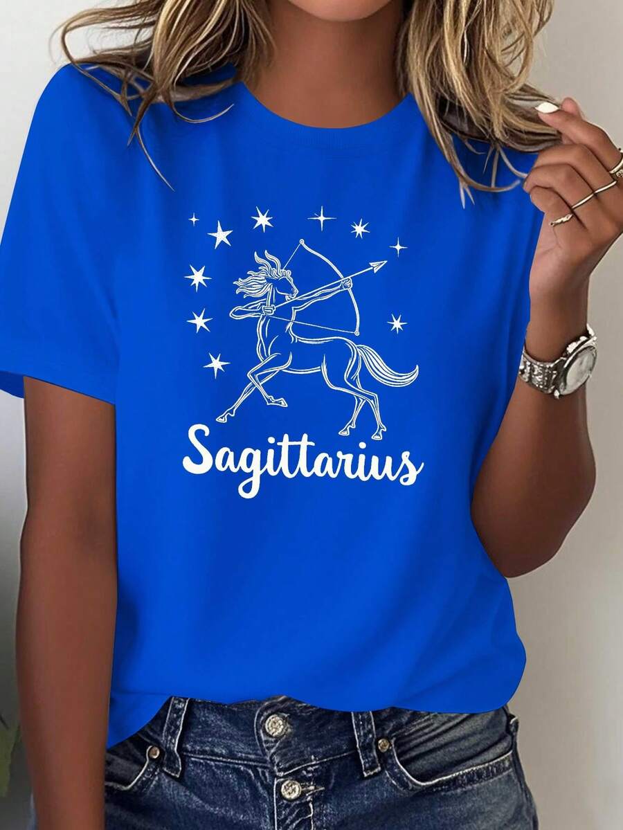 Camiseta cómoda de algodón puro para mujer con diseño de las constelaciones de Sagitario y Pegaso, blusas para mujer - Azul - Ver 1