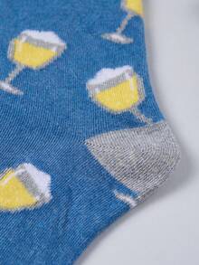 1 Pair Grey-Blue Splice Men's Mid-Calf Socks With Fashionable Beer Print, Soft & Comfortable - Multicolor - View 5