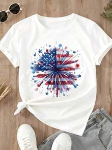 Camiseta de Cuello Redondo con Diseño Patriótico de Fuegos Artificiales y Bandera Americana para Celebración del Día de la Independencia - Estilo Urbano Vintage Unisex, Holgada, de Algodón, Manga Corta, 100% Algodón - Blanco - Ver 3