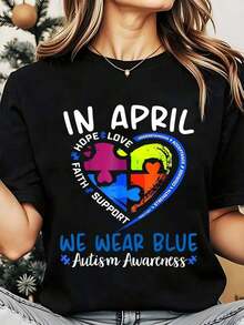 Camiseta de Cuello Redondo para Mujer con Estampado Gráfico de Concientización sobre el Autismo, Corazón de Rompecabezas, "En Abril Usamos Azul", Esperanza, Amor, Fe, Apoyo, Comprensión, Aceptación, Fuerza, Coraje, para el Mes de Concientización sobre el Autismo, Temporada de Primavera, 220g, Playera Holgada para Mujer - Negro - Ver 7