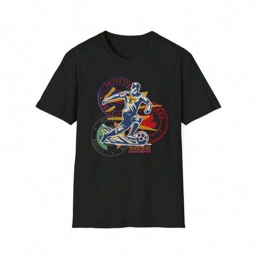 Camiseta Unisex de Algodón, Cuello Redondo, Holgada, Estilo Casual, para la Copa Mundial 2026, USA, Canadá,éxico - Negro - Ver 1