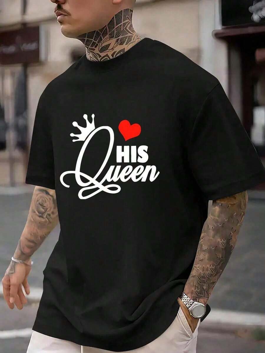Ropa deportiva casual de manga corta para hombre, ideal para el Día de San Valentín, con un diseño de corazón y la palabra 'Queen'. Suave y transpirable, adecuada para uso diario y actividades al aire libre, diseñada para hombres altos y corpulentos. - Negro - Ver 1