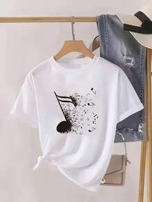 Camiseta casual de manga corta para mujer con estampado de notas musicales de gran tamaño - top de verano suave con cuello redondo, lavable a máquina y transpirable, adecuada para viajes de primavera/verano, ropa casual con temática musical, ropa para amantes de la música, top de corte holgado, tela cómoda. Traje de fiesta elegante,T-shirt para damas elegantes,Blusas adecuadas para mujeres con curvas,Faldas de graduación,Ropa casualEstampado de animales adorables ,Estampado de letras divertidas - Blanco - Ver 7