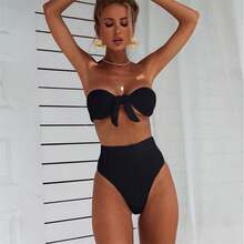 2026 New High-Waisted Women's Two-Piece Bikini Swimsuit With Strapless Top And Ribbed Design - Pink - View 3