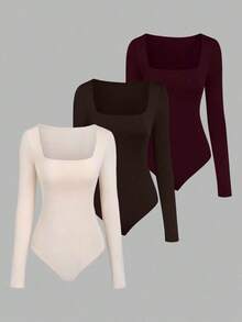 Set de 3 bodys de manga larga para mujer en color albaricoque, marrón café y negro, de ajuste ceñido y estilo minimalista y versátil para el día a día - Multicolor - Ver 4