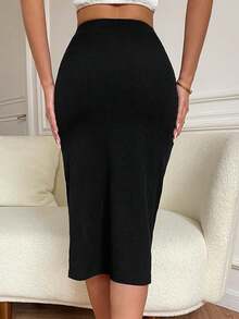 Falda de talle alto unicolor tejido de canalé con abertura - Negro 2 - Ver 2
