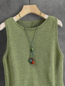 Chaleco de punto de unicolor para mujer, estilo japonés retro para capas, corto y casual para verano y vacaciones, versátil, adecuado para primavera, verano, principios de otoño, ir al trabajo, minimalista retro, festival de música colorido, escuela, top sin mangas - Verde - Ver 6