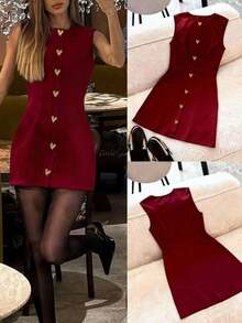 Este nuevo vestido presenta un diseño elegante con una hebilla metálica elástica con forma de corazón, muy adecuado para fiestas, viajes diarios, citas nocturnas y el Día de San Valentín, vestido de verano - Burdeos - Ver 5