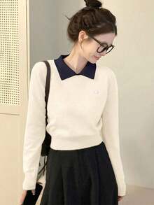Suéter corto de estilo coreano con cuello de polo para otoño/invierno, jersey ligero, color block, manga larga, jersey de punto casual para mujer - Albaricoque - Ver 1