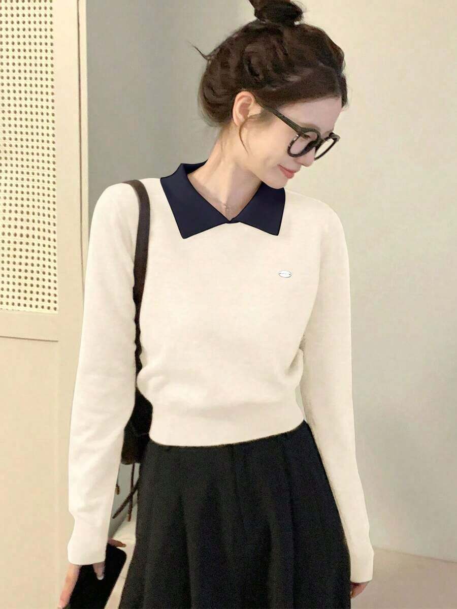 Suéter corto de estilo coreano con cuello de polo para otoño/invierno, jersey ligero, color block, manga larga, jersey de punto casual para mujer - Albaricoque - Ver 1