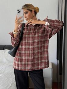 Camisa de manga larga con cuello vuelto, bordado de dibujos animados, estilo coreano casual, primavera/verano para mujer - Rosa Roja - Ver 5