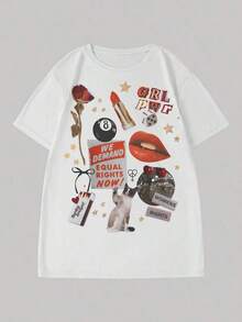 Camiseta de mujer de cuello redondo de manga corta con estampado "Girl Power", camiseta gráfica sobre derechos y la igualdad de la mujer, camiseta de la resistencia, apta para todas las edades, ropa casual para uso diario, salidas, fiestas-Vintage Street Style Unisex Loose Cotton Short Sleeve Crew Neck T-Shirtblusas para mujer. blusas.blusas casuales para dama. - Blanco - Ver 3