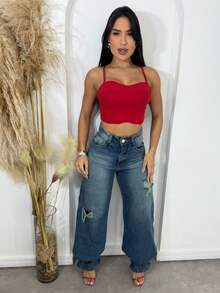 Wid Leg Jeans sem Elastano/Cintura Alta/Linha Premium - Lavagem escura - Visão 5