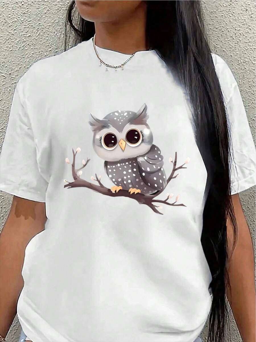 This Lightweight And Durable Short-Sleeved T-Shirt, Designed With A Cute Owl Print, Is Perfect For Casual Wear At Home Or In The Office, And Is An Ideal Choice For Everyday Comfort In The Living Room Or Kitchen. - 白色 - 查看 1