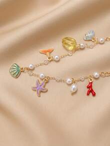 1pc Bohemian Ocean Starfish, Seashell & Faux Pearl Charm Bracelet, Suitable For Daily Wear, Beach, Vacation, Women Summer Jewelry Gift - Multicolor - View 3