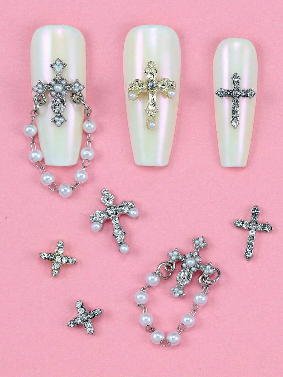 10pcs Nail Art Nail Charm Nail Accessories Y2K Style Three-Dimensional Exquisite Luxury Cross Pearl Tassel Chain Pendant Nail Gemstone Nail Accessories DIY Suitable For Nail Salons, Bags, Shoes, Clothes, Phone Cases, Also Suitable For Daily Life And Holiday Parties Nail Charms - Multicolor - View 1