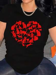 Camiseta Vintage de Talla para Mujer con Estampado de Corazón de Gato - Negra con Siluetas de Gato Coloridas en Rojo, Diseño para San Valentín y Navidad, Manga Corta, Cuello Redondo, Estilo Casual y Cómodo para Amantes de los Gatos, Adecuada para Todas las Temporadas - Camiseta Vintage de Estilo Urbano Unisex, Holgada, de Algodón, Manga Corta y Cuello Redondo - Negro - Ver 7