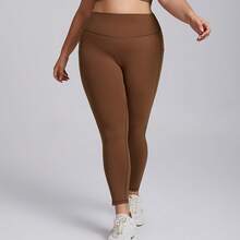 Set deportivo para mujer de talla grande, conjunto ajustado de 2 piezas con bolsillo, tela elástica efecto segunda piel para yoga y entrenamiento - Pantalones color moca - Ver 11