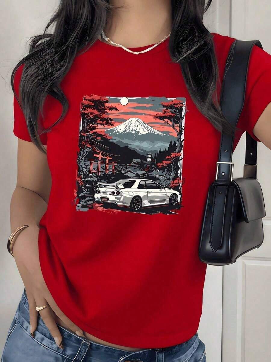 T-Shirt With Japanese Sunset And Mountain Landscape Graphic Print, 180g, 1 Piece, Women's Casual Style, 100% Cotton, Vintage Streetwear Style - 紅色 - 查看 1