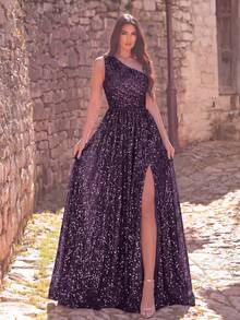 Faeriesty Đầm dạ hội lệch vai đính sequin sang trọng với đường xẻ cao, phù hợp cho khách dự đám cưới, các buổi dạ tiệc trang trọng, lễ kỷ niệm và các sự kiện thảm đỏ. - Màu tím - Xem 3