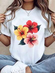 Camiseta de Mujer con Estampado de Flor de Hibisco, Ropa Casual de Verano, Diseño Floral Tropical para Vacaciones en la Playa y Regalo, 220g - Estilo Vintage Urbano, Camiseta Unisex de Algodón, Manga Corta, Cuello Redondo, 100% Algodón - Blanco - Ver 7