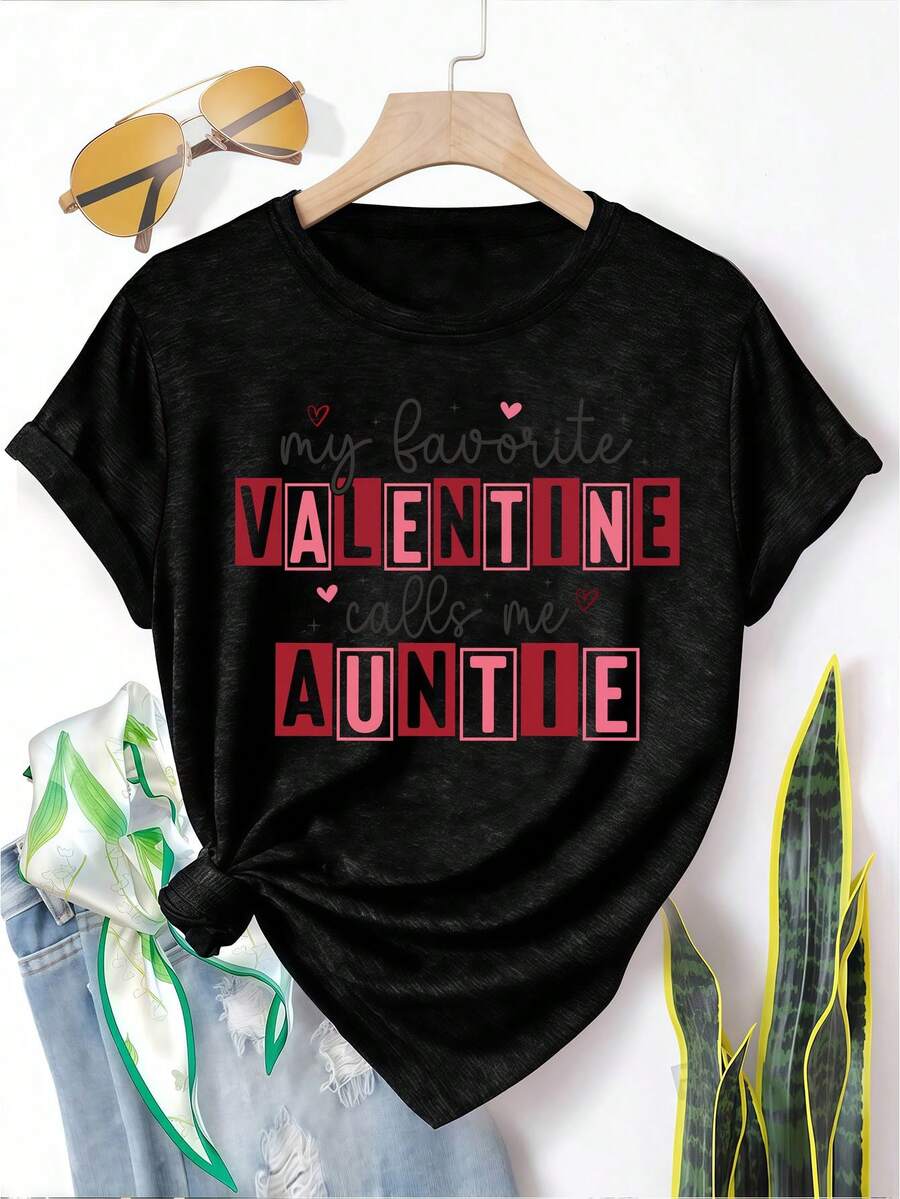 Short-Sleeved T-Shirt With "My Favorite Aunt Valentine's Day" Print, Casual Style, Soft And Pleasant To The Touch, Breathable, Fitted And Versatile Cut, Quick-Drying And Breathable, Cool And Not Sticky, Stretchy And Comfortable, Suitable For Everyday Wear. - 黑色 - 查看 1