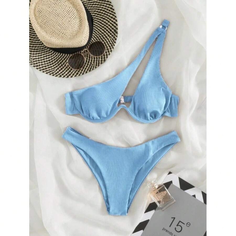 Nuevo y popular traje de baño de dos piezas para mujer, sexy y multicolor, bikini de un solo hombro con aros. - Azul claro - Ver 1