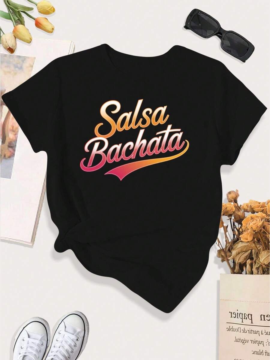 Camiseta de mujer con estampado de fuente de baile de salsa y bachata, camiseta deportiva casual de talla grande para mujer. - Negro - Ver 1