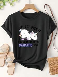 Camiseta de mujer, camiseta de verano para mujer| Camiseta de manga corta con estampado de unicornio divertido| Camiseta holgada de talla grande con cuello redondo para amantes del estilo femenino con temática forestal.| Vestido de fiesta vintage casual elegante de una sola pieza para mujer| Top versátil de estilo resort, holgado y cómodo, de talla grande, ideal para el uso diario. - Negro - Ver 1